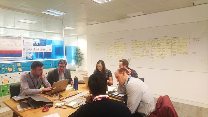 testing session with 6 people around a table and post-it on wall